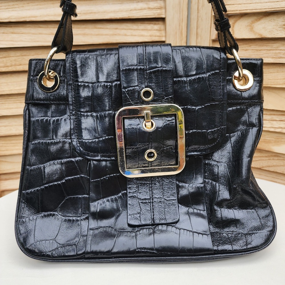 Ann Taylor Black Croc Embossed 100% Leather Buckle Shoulder Bag Handbag Purse